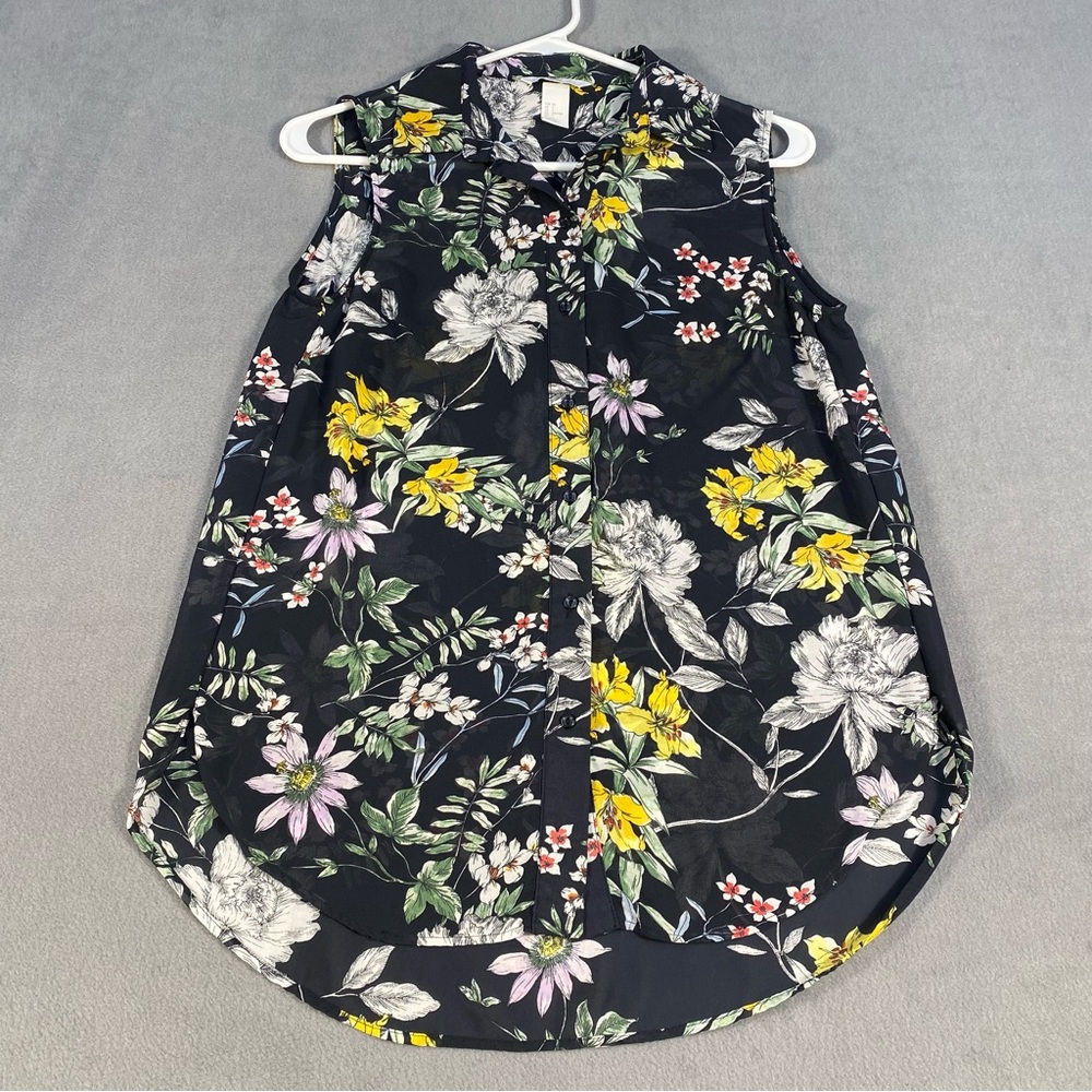 H&M Women’s Black and Yellow Floral Button Up Sleeveless Blouse, size 2